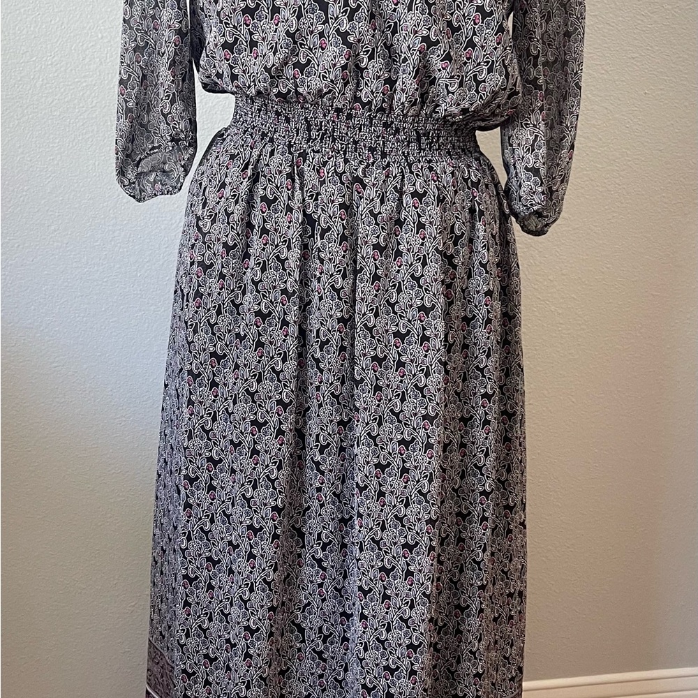 Smocked-Waist Black Maxi Dress with Subtle Pink Print